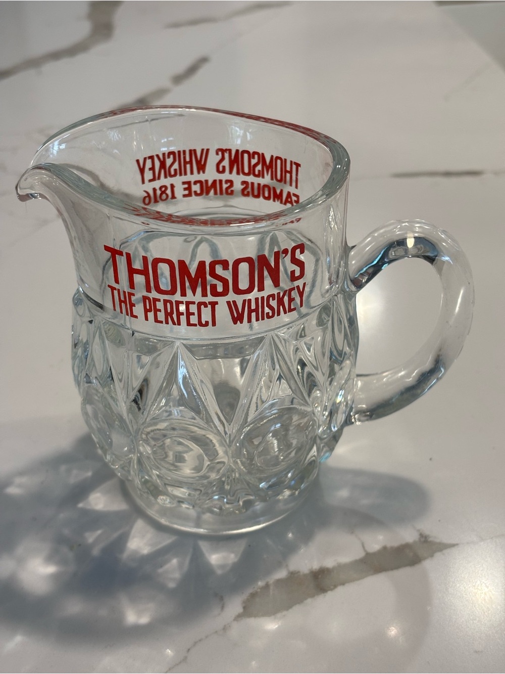 VTG THOMSON'S PERFECT WHISKEY PRESSED GLASS PUB JUG PITCHER ADVERTISING BARWARE